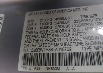 2020 Honda Cr-v 2wd Ex-l, daño Frontal, Iaai lote 45221460, foto 9 de 16