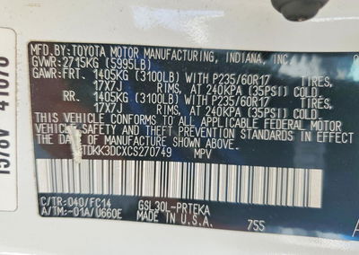 2012 Toyota Sienna Le, daño Trasero, Copart lote 54623926, foto 14 de 14