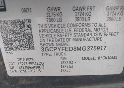 2021 Chevrolet Silverado 1500 4wd  Short Bed Lt Trail Boss, uszkodzenie: Lewy przód, Iaai lot 45371226, zdjęcie 9 z 16