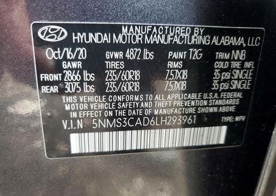 2020 Hyundai Santa Fe Sel, Front End damage, Copart lot 68703366, photo 13 of 13