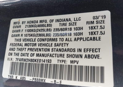 2019 Honda Cr-v Ex-l, Front & Rear damage, Iaai lot 45941141, photo 9 of 20