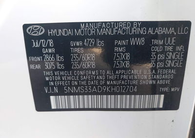 2019 Hyundai Santa Fe Sel Plus, Front End damage, Iaai lot 45977137, photo 9 of 16