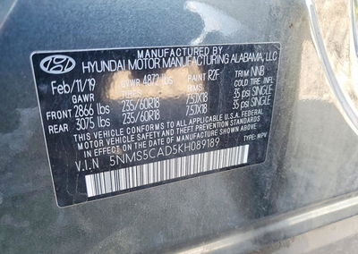 2019 Hyundai Santa Fe Limited 2.4l, daño Lateral, Copart lote 63888856, foto 13 de 15
