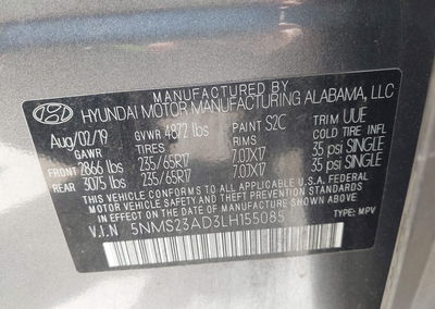 2020 Hyundai Santa Fe Se, Normal Wear & Tear damage, Iaai lot 46096389, photo 9 of 16