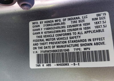2019 Honda Cr-v Ex-l, daño Frontal izquierdo, Iaai lote 45965901, foto 9 de 20