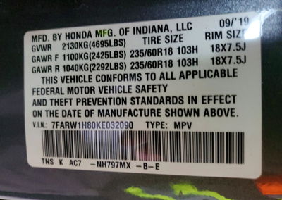2019 Honda Cr-v Exl, Front End damage, Copart lot 69073016, photo 12 of 14