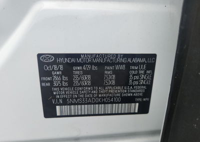 2019 Hyundai Santa Fe Sel Plus 2.4l, daño Inundación, Copart lote 64750246, foto 13 de 13