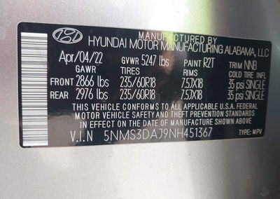 2022 Hyundai Santa Fe Sel, Left Rear damage, Iaai lot 45993096, photo 9 of 17