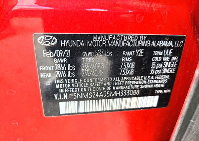 2021 Hyundai Santa Fe Sel, Front End damage, Copart lot 67915916, photo 12 of 12