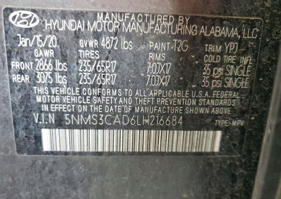 2020 Hyundai Santa Fe Sel, daño Mecánico, Copart lote 72161856, foto 13 de 13