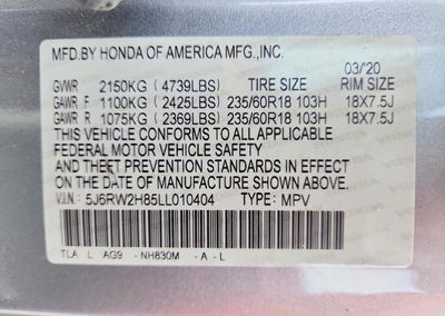 2020 Honda Cr-v Exl, daño Frontal, Copart lote 59712236, foto 14 de 15