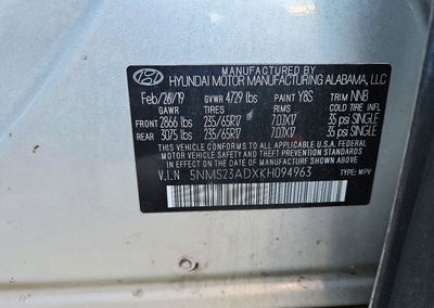 2019 Hyundai Santa Fe Se, daño Lateral, Copart lote 71365876, foto 13 de 13