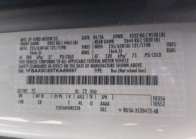 2026 Ford Transit-350 Passenger Van Xlt, daño Techo, Iaai lote 46266305, foto 9 de 16