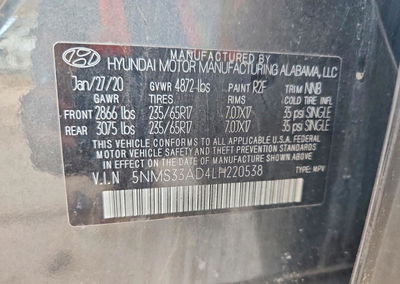 2020 Hyundai Santa Fe Sel, Front End damage, Copart lot 64839926, photo 14 of 14