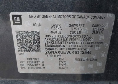 2019 Chevrolet Equinox Lt, daño Trasero, Iaai lote 46123202, foto 9 de 16