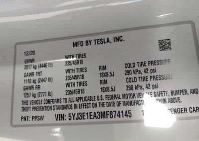 2021 Tesla Model 3 Standard Range Plus Rear-wheel Drive, uszkodzenie: Przód, Iaai lot 46070261, zdjęcie 9 z 17