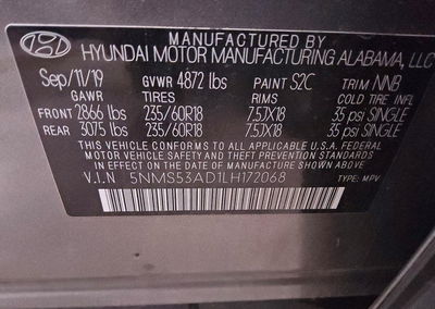 2020 Hyundai Santa Fe Limited, Mechanical damage, Copart lot 70801226, photo 13 of 13