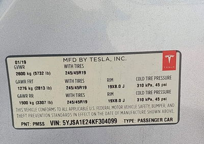 2019 Tesla Model S 100d/75d/long Range/standard Range, daño Frontal, Iaai lote 46349933, foto 9 de 21