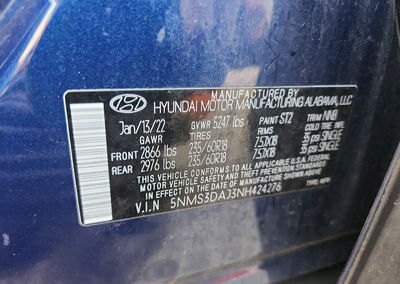 2022 Hyundai Santa Fe Sel, daño Lateral, Copart lote 70012036, foto 14 de 16