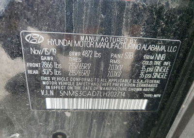 2020 Hyundai Santa Fe Sel, daño Frontal, Copart lote 72780996, foto 13 de 15
